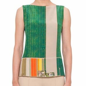 Akris Flower Farm Field Print Silk Blouse Tank Top Green Stripe Colorblock 6